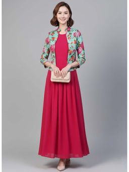 AAREIN - Red Floral Detail Maxi Dress with Printed Attached Jacket