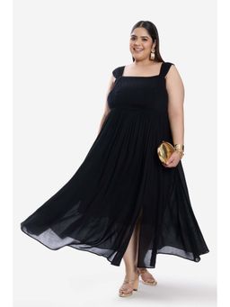 Virgio - Black Gathered Strap Midi Layered Plus Size Dress