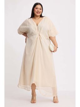 Virgio - Beige Lurex Front Gathered Plus Size Kaftan Dress