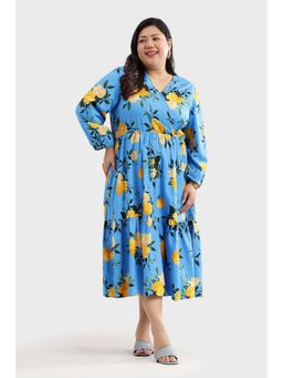 Virgio - Blue Floral Printed Wrap Maxi Plus Size Dress