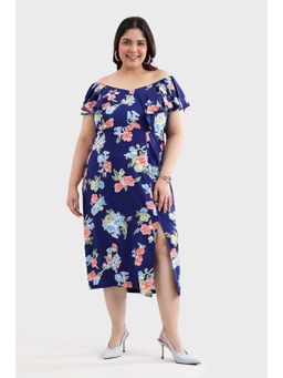 Virgio - Blue Floral Printed Midi Plus Size Dress With Slit