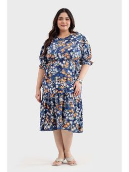 Virgio - Blue Floral Printed Midi Plus Size Dress