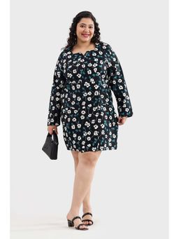 Virgio - Black Printed Wrapped Bodice Mini Plus Size Dress