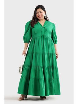 Virgio - Green Cotton V-Neck Tie-Up Tiered Plus Size Dress