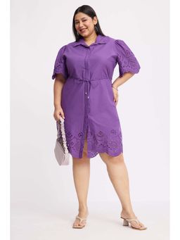 Virgio - Purple Cotton Schiffli Plus Size Dress with Belt
