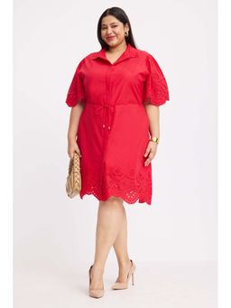 Virgio - Red Cotton Schiffli Shirt Plus Size Dress With Belt