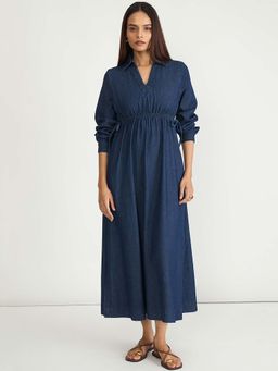 Femmella - Navy Blue Drawstring Detail Denim Maxi Dress