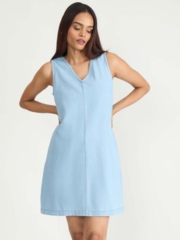 Femmella - Ice Blue Denim A-Line Mini Dress