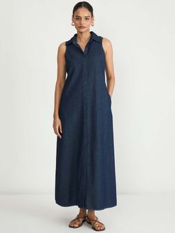 Femmella - Navy Denim Button Down Maxi Dress