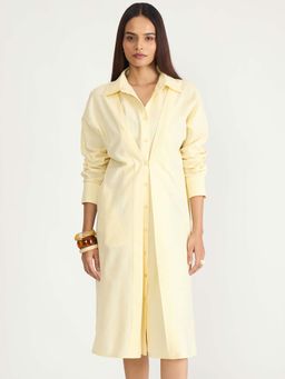 Femmella - Butter Yellow Cotton Linen Button Down Midi Dress