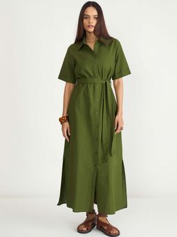 Femmella - Olive Cotton Linen Maxi Shirt Dress with Belt