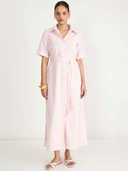 Femmella - Pink Cotton Linen Maxi Shirt Dress with Belt