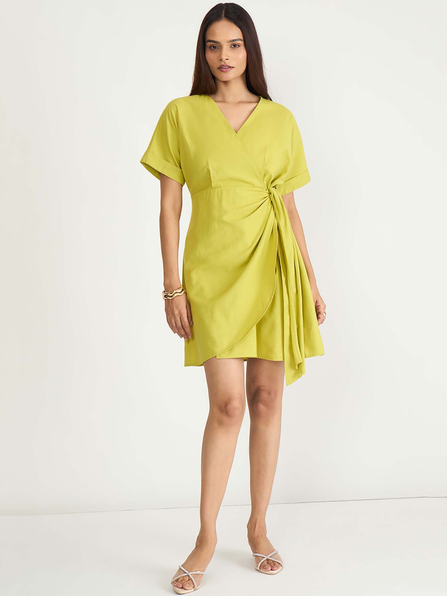 femmella Citrine Green Cotton Linen Wrap Mini Dress-picture-15