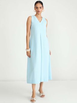Femmella - Light Blue Cotton Linen A Line Maxi Dress