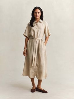 GANT - Beige Midi Linen Dress with Belt
