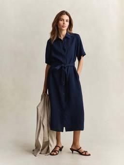 GANT - Navy Blue Midi Linen Dress with Belt