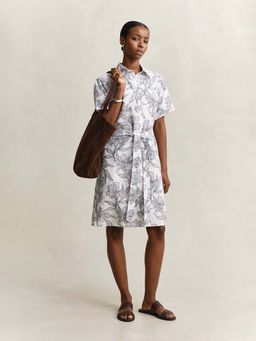 GANT - White Floral Linen Blend Dress with Belt
