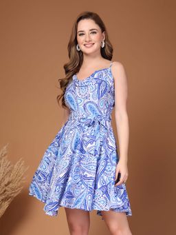 RAASSIO - Blue Printed Strappy Flared Dress With Belt