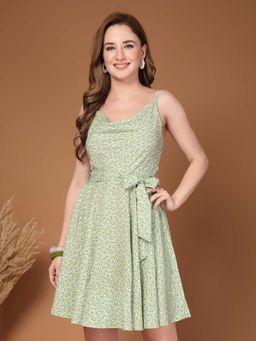 RAASSIO - Green Printed Strappy Flared Dress With Belt