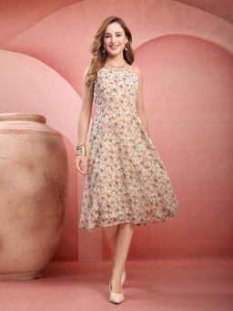 RAASSIO - Beige Strappy Printed Midi Dress