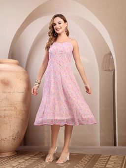 RAASSIO - Pink Printed Strappy Printed A-Line Midi Dress