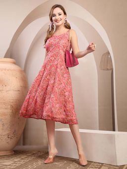 RAASSIO - Brown Printed Strappy Printed A-Line Midi Dress