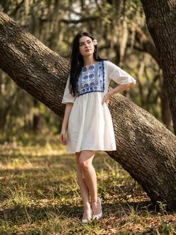 ZUMMER - Cotton White Embroidered Bell Sleeve Dress