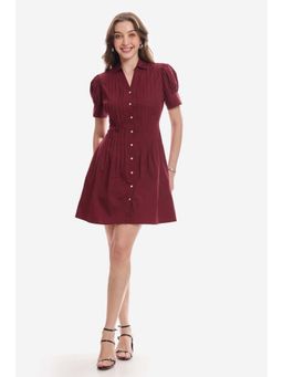 Virgio - Maroon Cotton Puff Sleeve Mini Pleated Dress