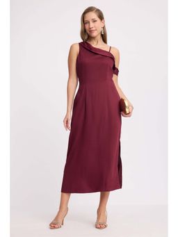 Virgio - Maroon One Shoulder Cowl Bodycon Dress