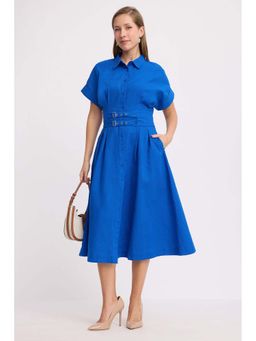Virgio - Blue Cotton Double Belted Midi Dress
