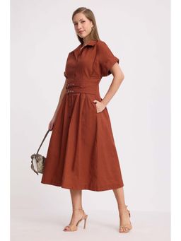 Virgio - Brown Cotton Fit and Flare Midi Dress