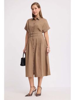 Virgio - Beige Solid Fit and Flare Midi Dress
