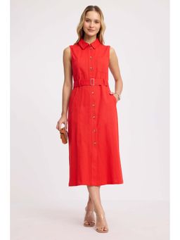 Virgio - Red Sleeveless Cotton Belted Shirt Dress with Belt