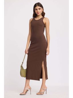 Virgio - Brown Cotton Bodycon Dress With Slit