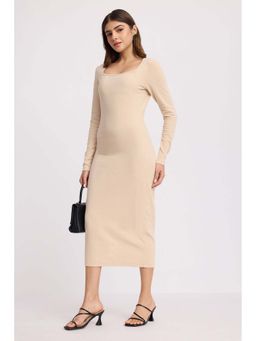 Virgio - Beige Cotton Square Neck Ribbed Dress