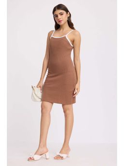 Virgio - Brown Cotton Contrast Piping Mini Knit Dress