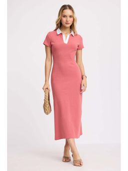 Virgio - Pink Cotton Contrast Placket Midi Knit Dress