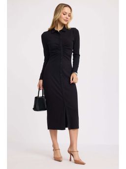 Virgio - Black Cotton Ruched Front Rib Midi Dress