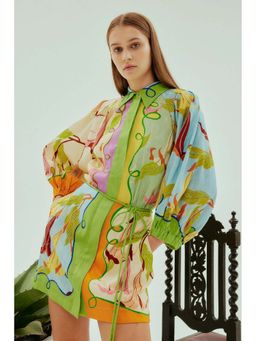 Outzidr - Green Abstract Printed Collared Neck Dress