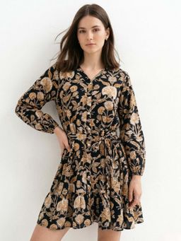 Outzidr - Black Printed Flared Sleeve V-Neck Ruffle Dress with Belt