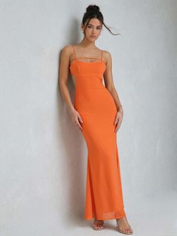 Outzidr - Orange Open Back Cut-Out Mesh Dress