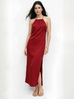 Outzidr - Red Halter A-Line Solid Maxi Dress
