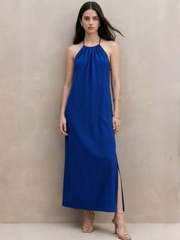 Outzidr - Blue Halter A-Line Solid Dress