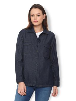 Van Heusen - Women Blue Solid Casual Jacket