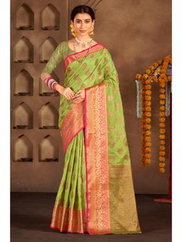 Sangam Prints - Parrot Green Cotton Woven Zari Work Traditional Saree with Unstitched Blouse
