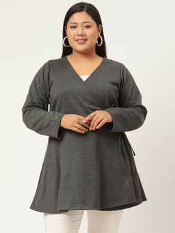 theRebelinme - Plus Size Womens Charcoal Grey Solid Color Tie-Up Longline Winter Top