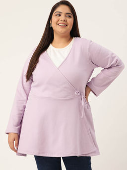 theRebelinme - Plus Size Womens Lilac Solid Color Tie-Up Longline Winter Top