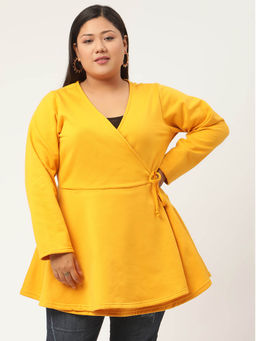theRebelinme - Plus Size Womens Mustard Solid Color Tie-Up Longline Winter Top