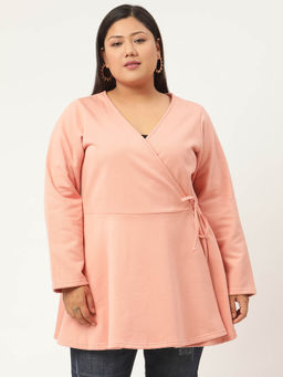 theRebelinme - Plus Size Womens Pink Solid Color Tie-Up Longline Winter Top