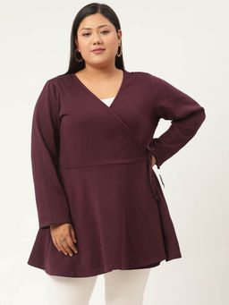 theRebelinme - Plus Size Womens Plum Solid Color Tie-Up Longline Winter Top